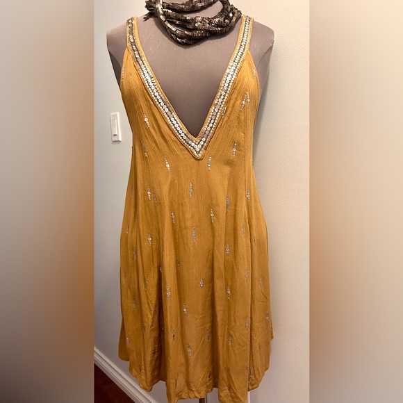 NWT Free People Rising Sun Gold Bejewelled V Neck Slip Dress - Picture 5 of 13